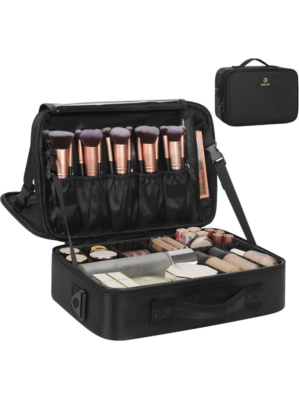 Travel Makeup Bag Organizer with Dividers - Stylish Cosmetic Case, Black